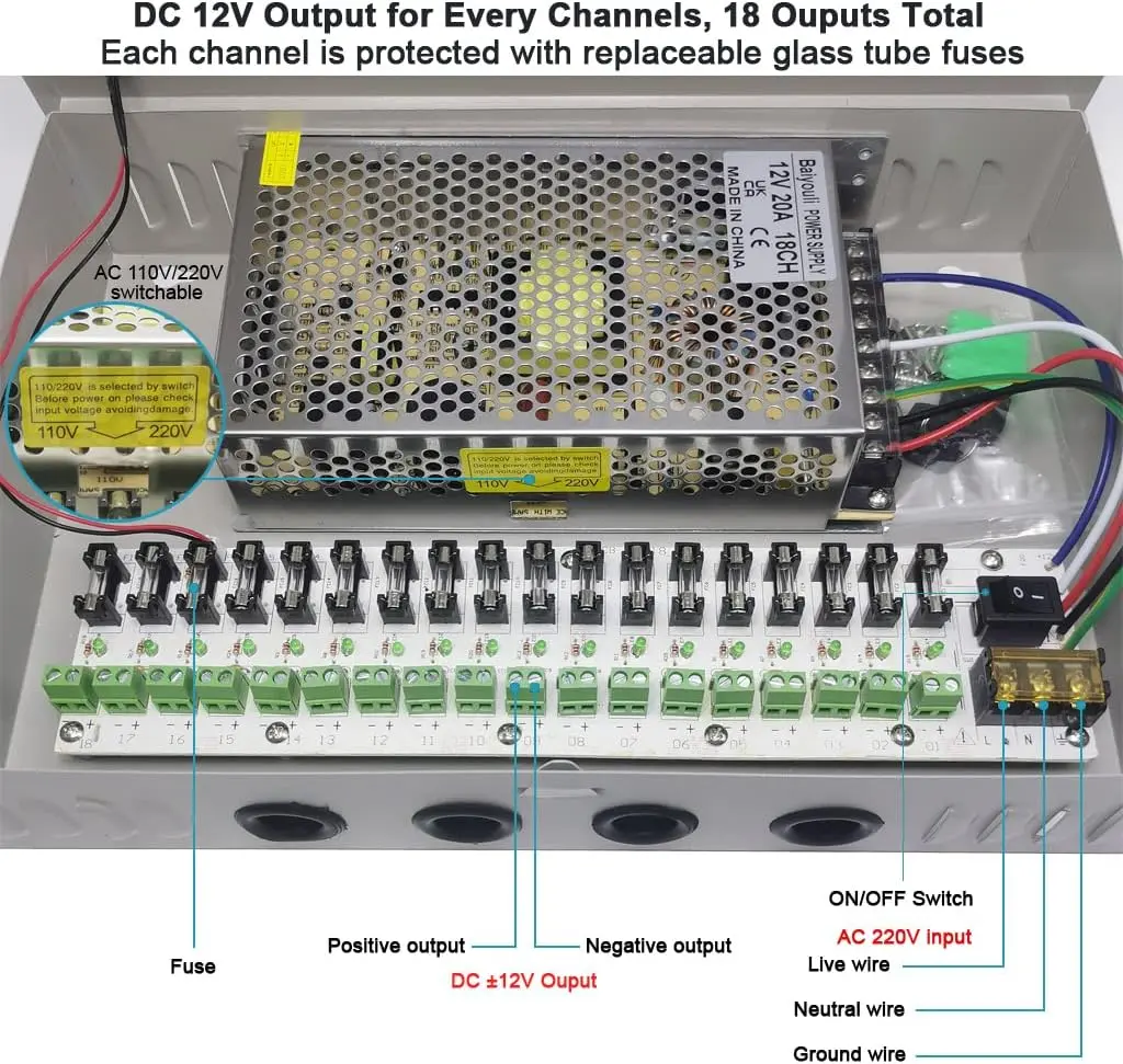 Boîtier Transformateur à Commutation d'Alimentation CCTV 18 Canaux 12V 20A 240W pour Caméra